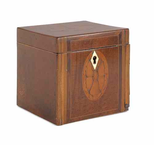 Appraisal: George III mahogany tea caddy ca with floral and matchstick