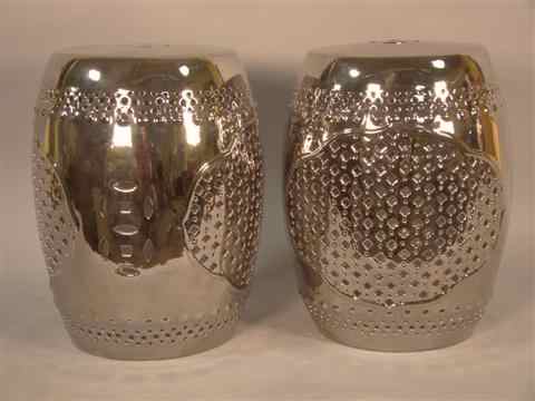 Appraisal: PAIR OF CHINESE SILVER-GLAZED GARDEN STOOLS of barrel form with