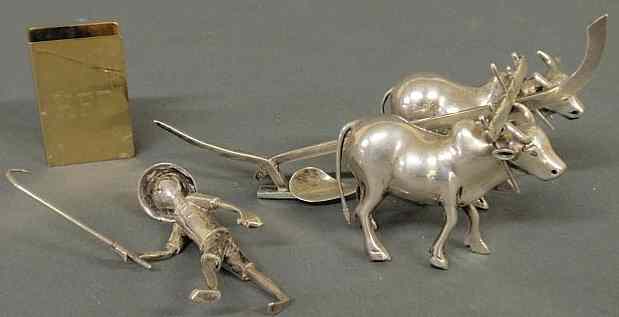 Appraisal: Asian silver man with plow and oxen marked MD plow