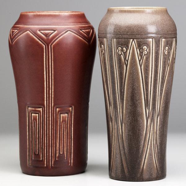 Appraisal: ROOKWOODTwo tall vases mauve Production and red Incised Mat Each