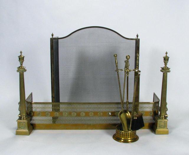 Appraisal: Brass fireplace set including -section fire screen reticulated fender reeded