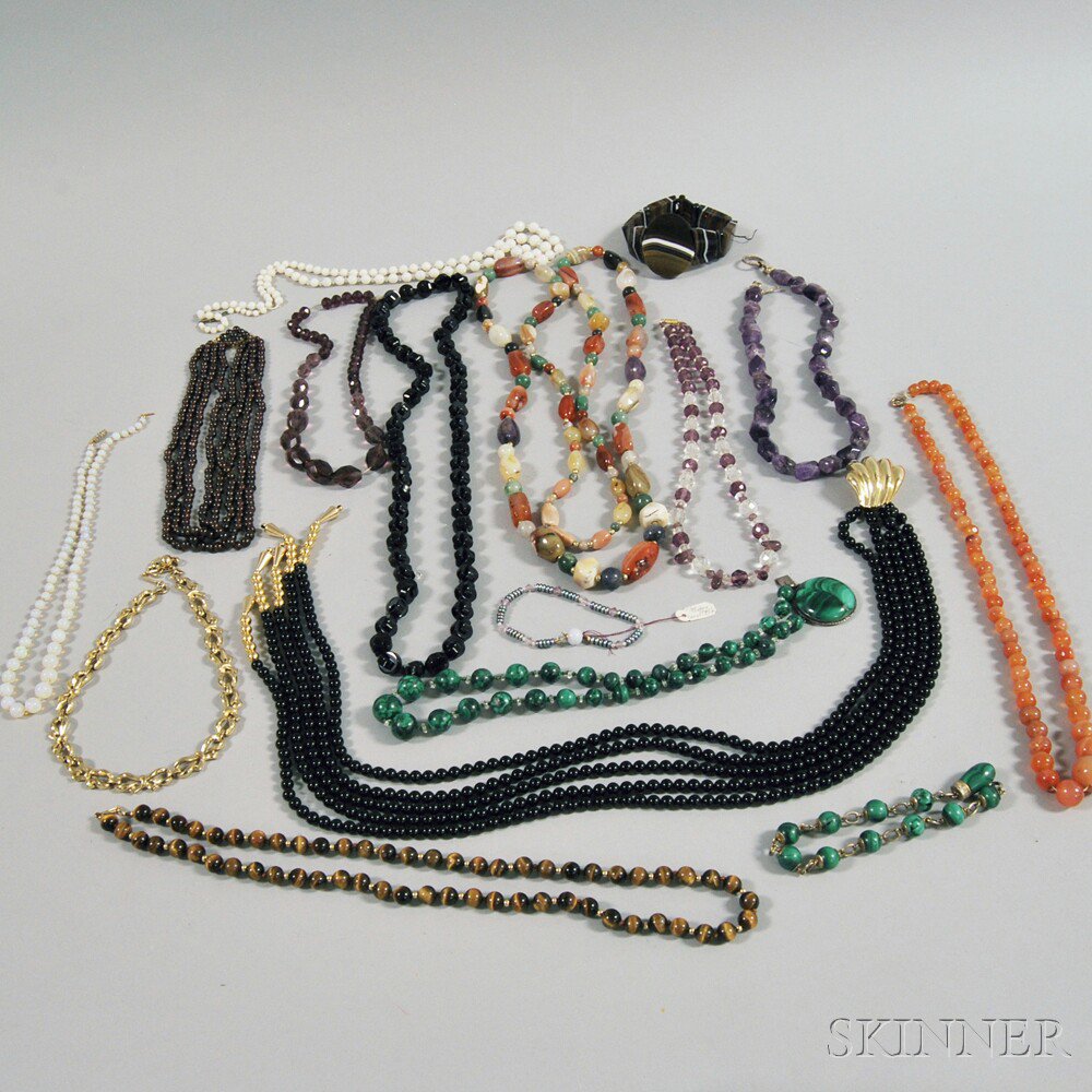 Appraisal: Group of Mostly Hardstone Beaded Necklaces including malachite carnelian cat's-eye