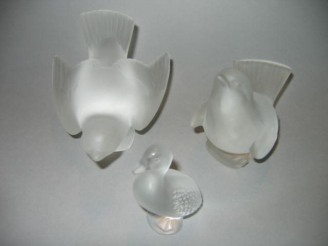 Appraisal: LALIQUE FRANCE Three satin finish clear glass birds duck h