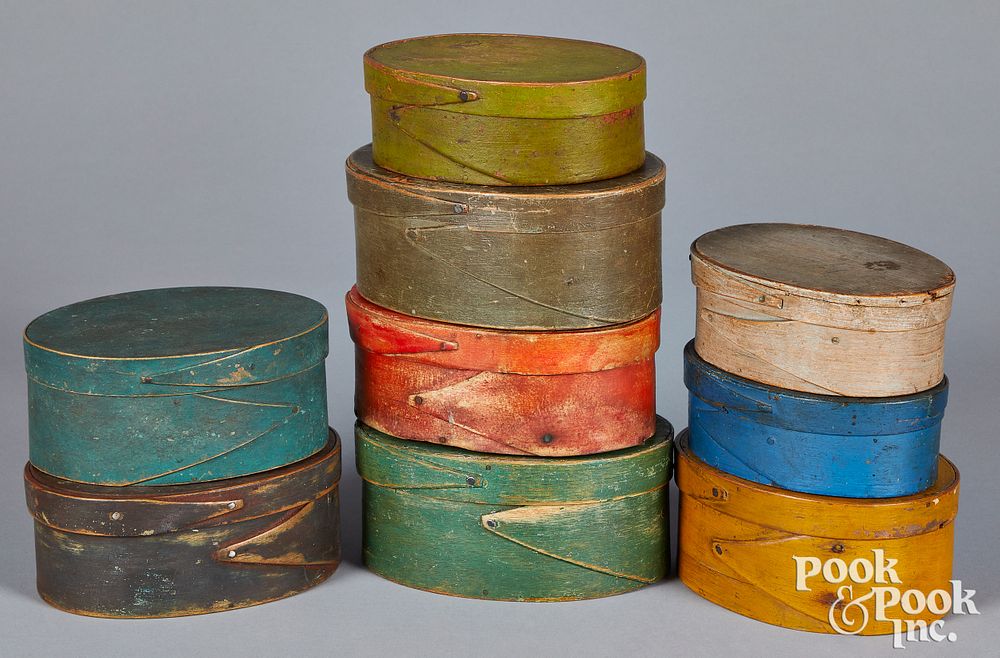 Appraisal: Nine painted Shaker bentwood boxes th c Nine painted Shaker