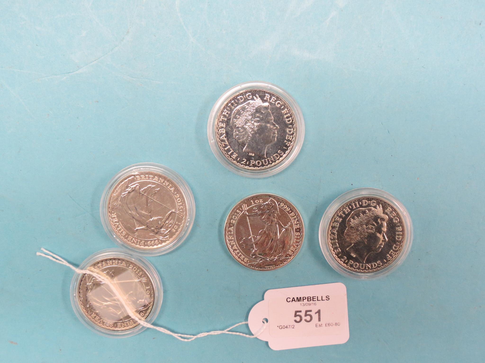 Appraisal: Five Two Pounds silver coins each oz fine silver