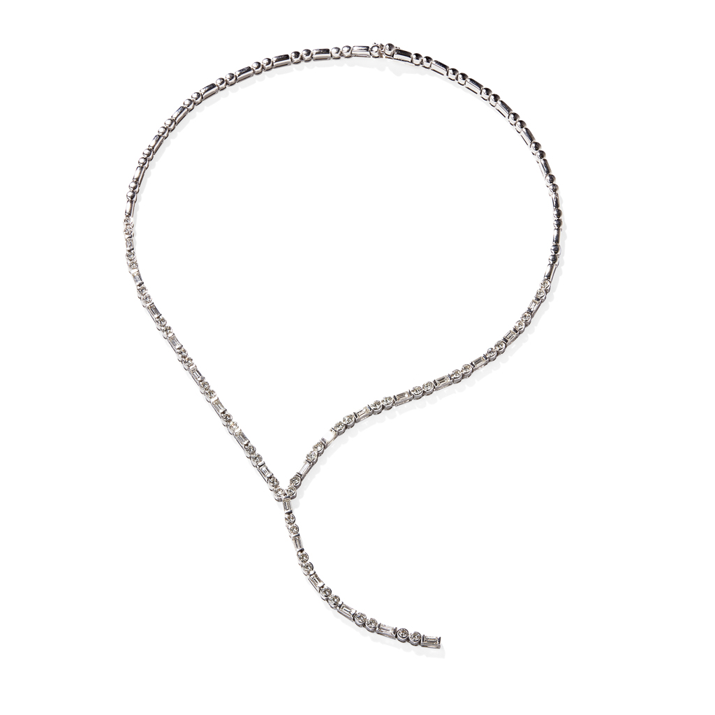 Appraisal: A contemporary diamond set necklacecomposed of rectangular and circular polished