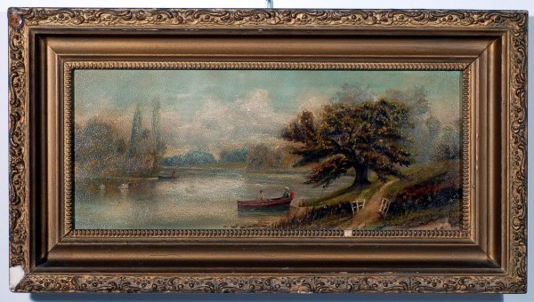 Appraisal: Landscape of boats on tree lined river oil on board