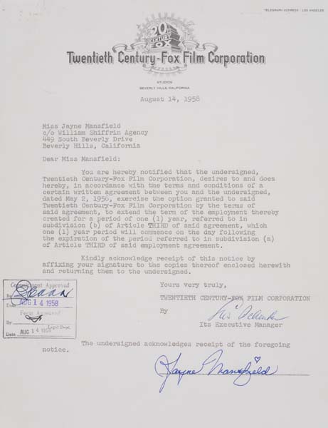 Appraisal: JAYNE MANSFIELD Group of typed letters signed by Mansfield extending