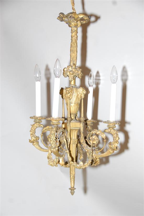 Appraisal: TH CENTURY BRONZE CONTINENTAL FOUR LIGHT CHANDELIER With mythological figural