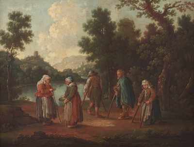 Appraisal: Continental School Anonymous Beggars in a landscape Oil on canvas