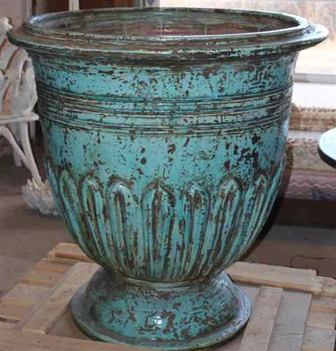 Appraisal: MONUMENTAL FRENCH ANDUZE TURQUOISE BLUE GLAZED URN the sides decorated