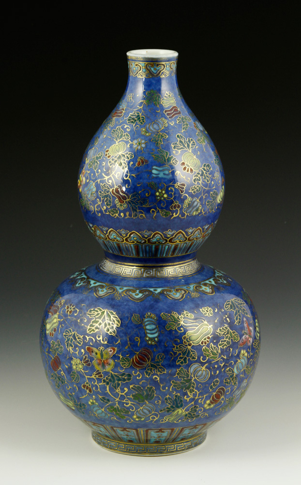 Appraisal: - Chinese Blue Glazed Double Gourd Vase Blue glazed double