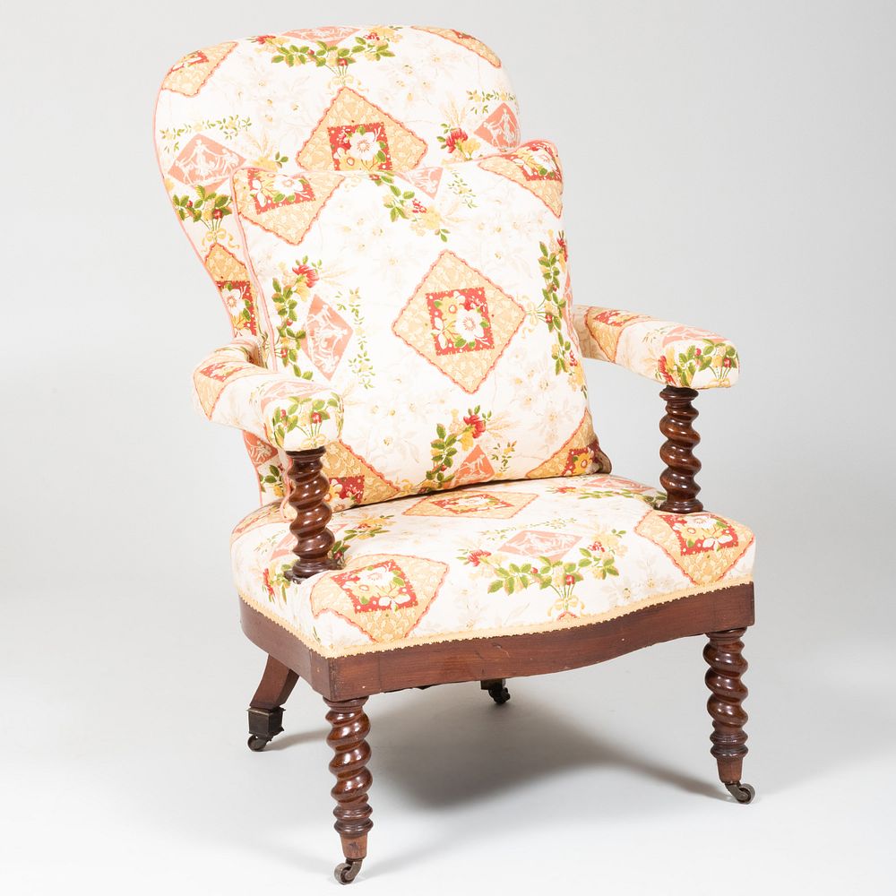 Appraisal: Victorian Mahogany and Linen Upholstered Armchair With a matching pillow