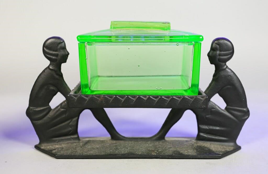 Appraisal: Art Deco uranium glass cigarette box Marked on the interior