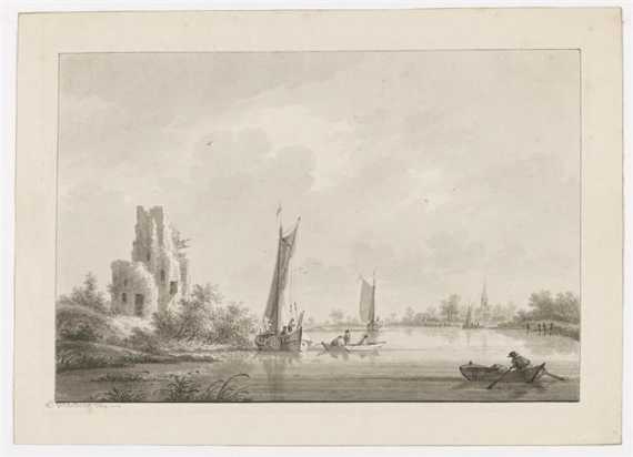 Appraisal: WICART NICOLAES Utrecht River landscape with boats and ruin Grey