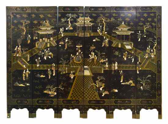 Appraisal: A Chinese Hardstone and Lacquer Five Panel Floor Screen having