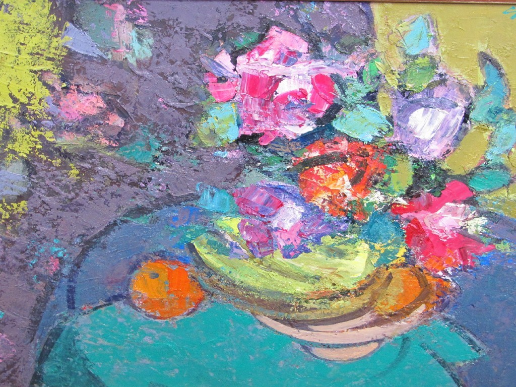 Appraisal: DES GORMAN GARDEN FLOWERS AND FRUIT Oil on gesso panel