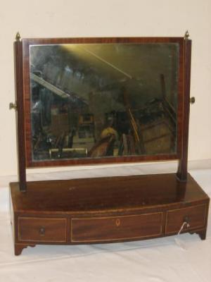 Appraisal: A GEORGE III MAHOGANY TOILET MIRROR with satinwood banding and