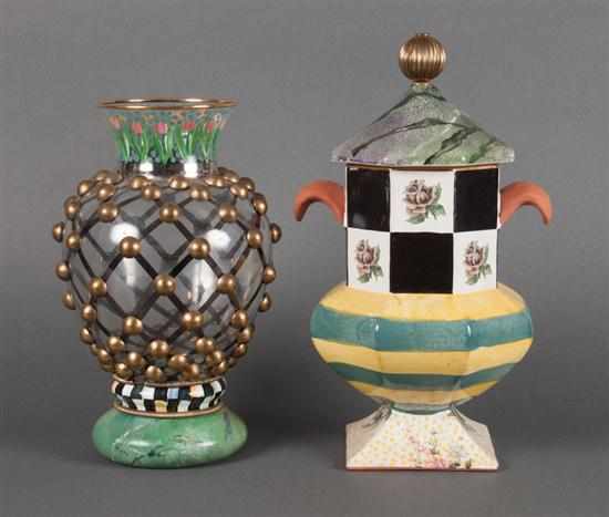 Appraisal: MacKenzie-Childs brass-mounted enameled glass vase and a painted ceramic covered