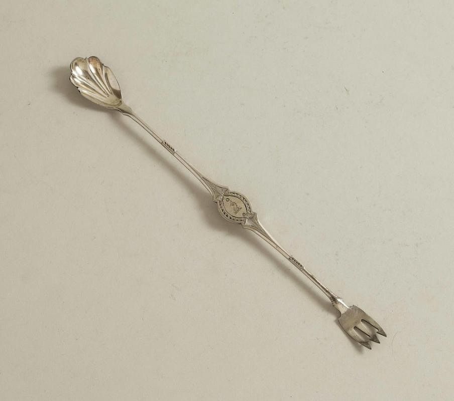 Appraisal: California Coin Silver Olive Spoon Fork Monogrammed California coin silver