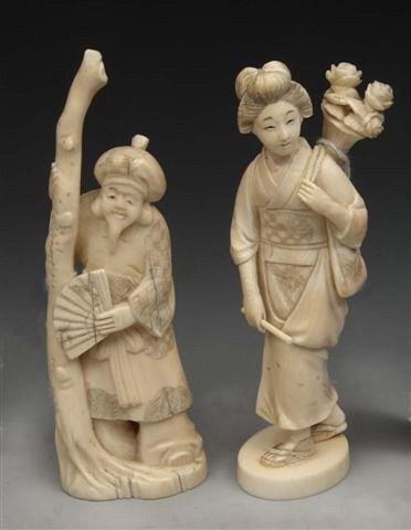 Appraisal: TWO JAPANESE CARVED IVORY FIGURES one of a girl carrying