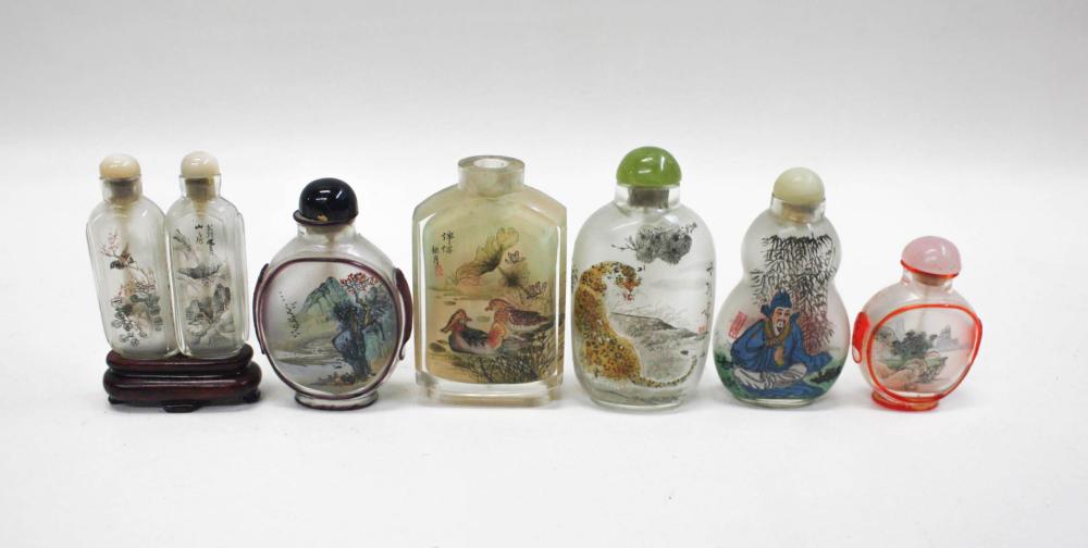 Appraisal: SIX CHINESE REVERSE PAINTED GLASS SNUFF BOTTLES of various forms