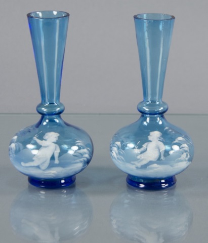 Appraisal: Pair of Blue Mary Gregory Bud VasesEach enameled with small