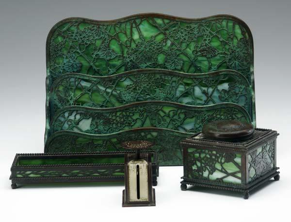 Appraisal: TIFFANY STUDIOS Four desk set items in the Grapevine pattern