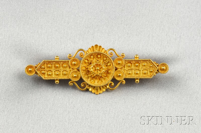 Appraisal: Etruscan Revival Gold Bar Pin elaborately designed with applied bead