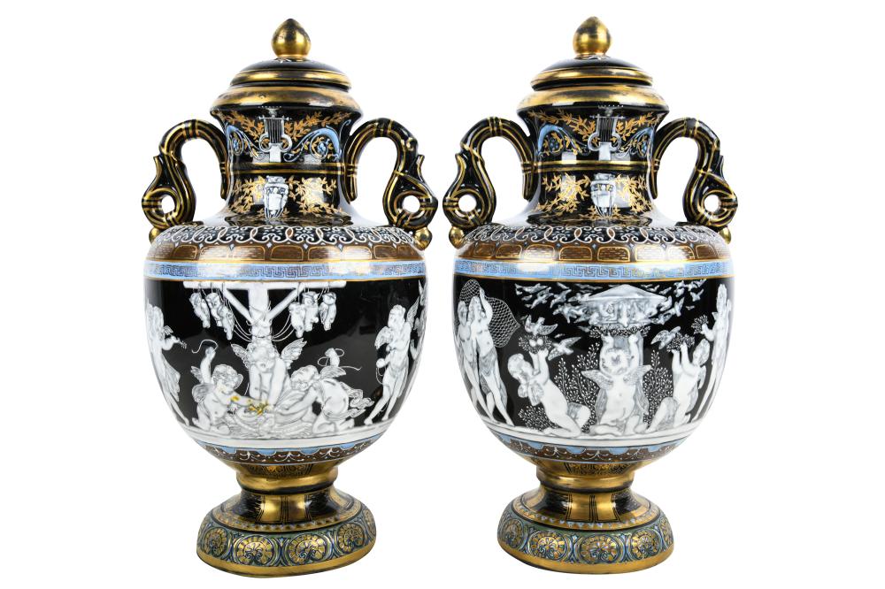 Appraisal: PAIR OF MINTON STYLE PORCELAIN COVERED VASESeach with gilt Minton