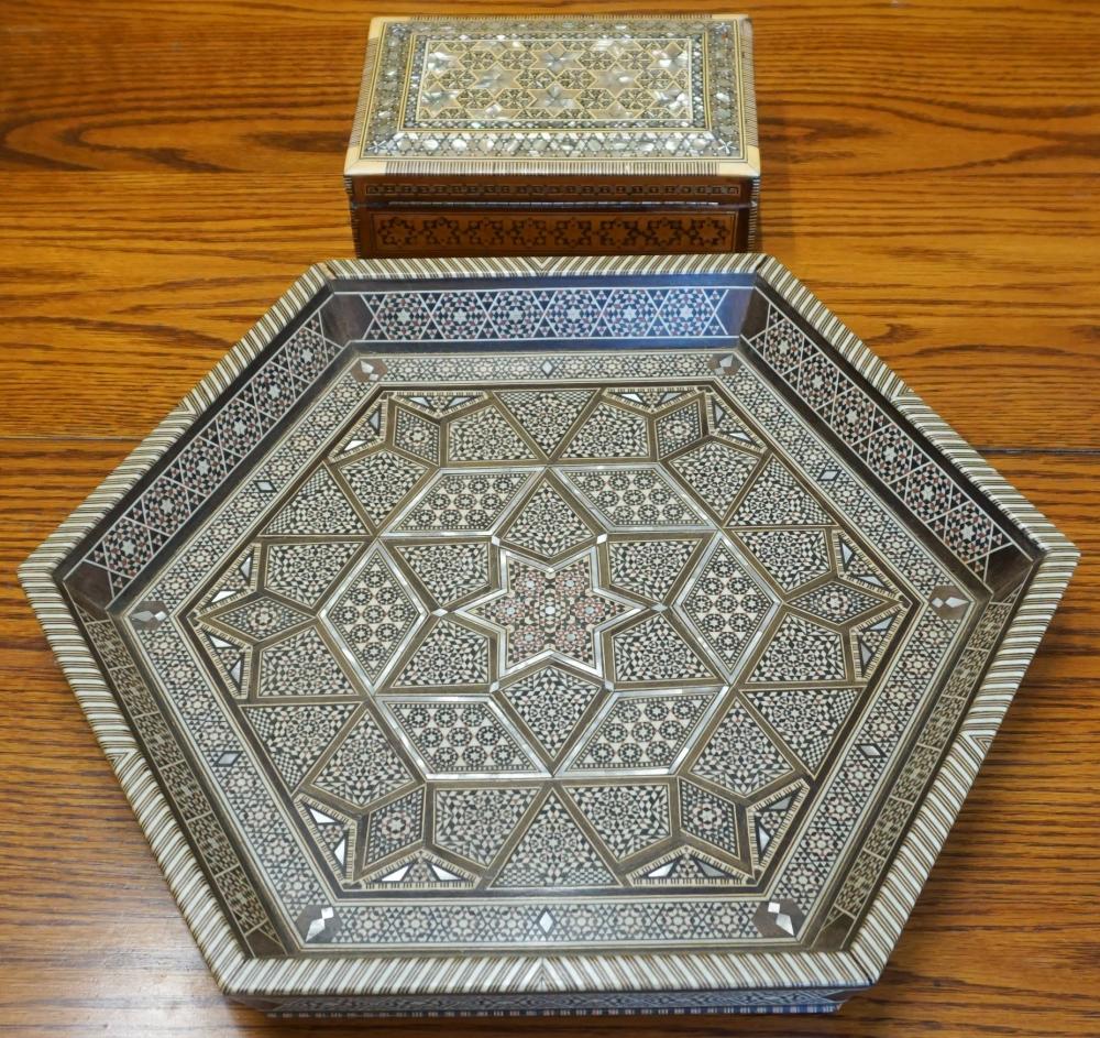 Appraisal: MOTHER-OF-PEARL INLAID WOOD BOX AND TRAYMother-of-Pearl Inlaid Wood Box and