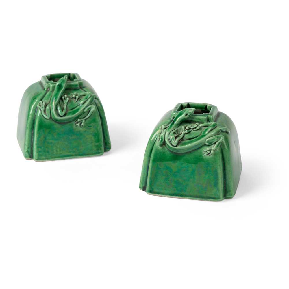 Appraisal: PAIR OF GREEN-GLAZED 'CHI-DRAGON' WATER POTS DAOGUANG MARK AND POSSIBLY