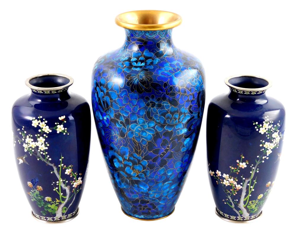 Appraisal: ASIAN Three cloisonne vases pair of deep cobalt with flowering