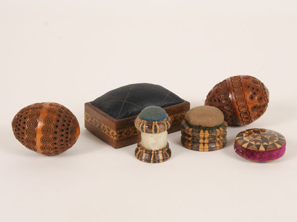 Appraisal: Antique sewing egg thimble cases and Tunbridge ware pin cushions