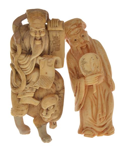 Appraisal: TWO JAPANESE IVORY FIGURAL OKIMONOS ALL FAULTS