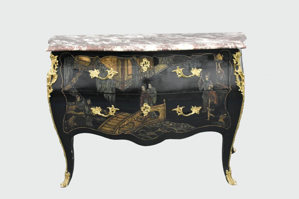 Appraisal: LOUIS XV STYLE MARBLE TOP COROMANDEL COMMODEThe serpentine white and