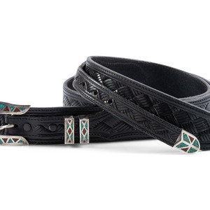 Appraisal: Navajo Silver Ranger Set with Turquoise and Coral Chip Inlay