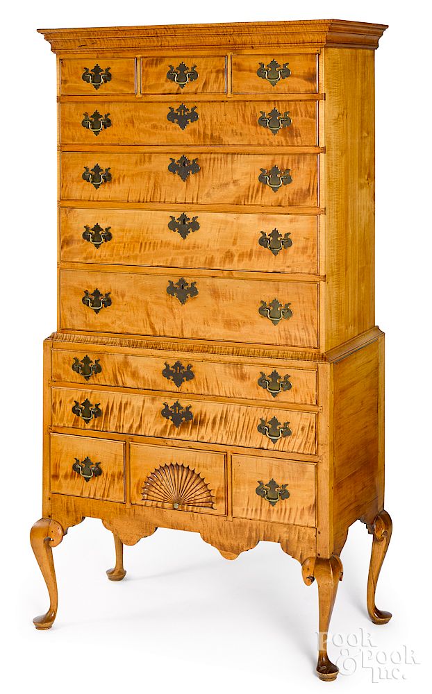 Appraisal: New Hampshire Queen Anne tiger maple high chest New Hampshire