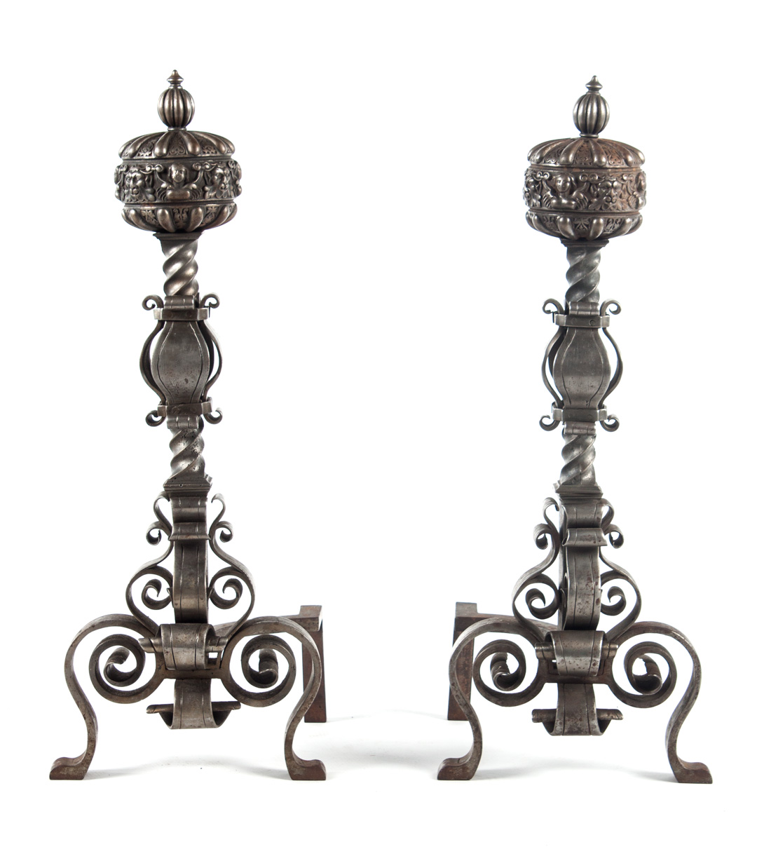 Appraisal: Pair of Continental Baroque style steel andirons th century rounded