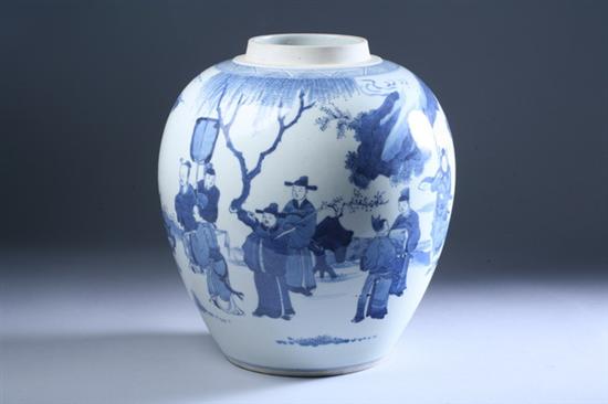 Appraisal: LARGE CHINESE BLUE AND WHITE PORCELAIN JAR Painted to depict