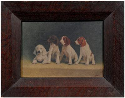 Appraisal: Painting of puppies four puppies seated in a row signed