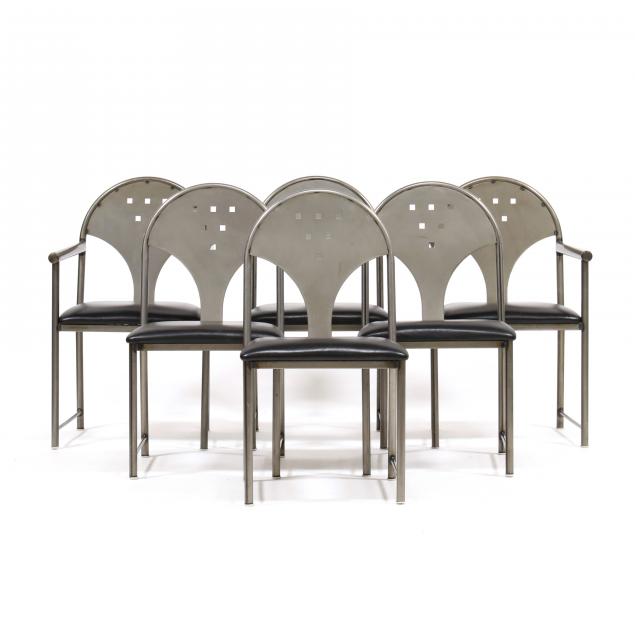 Appraisal: SIX POST-MODERN STEEL DINING CHAIRS Late th century black arched