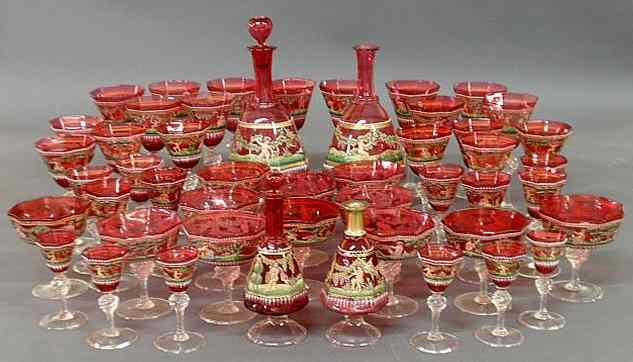 Appraisal: Red Venetian glassware service each with hand-painted figures to include