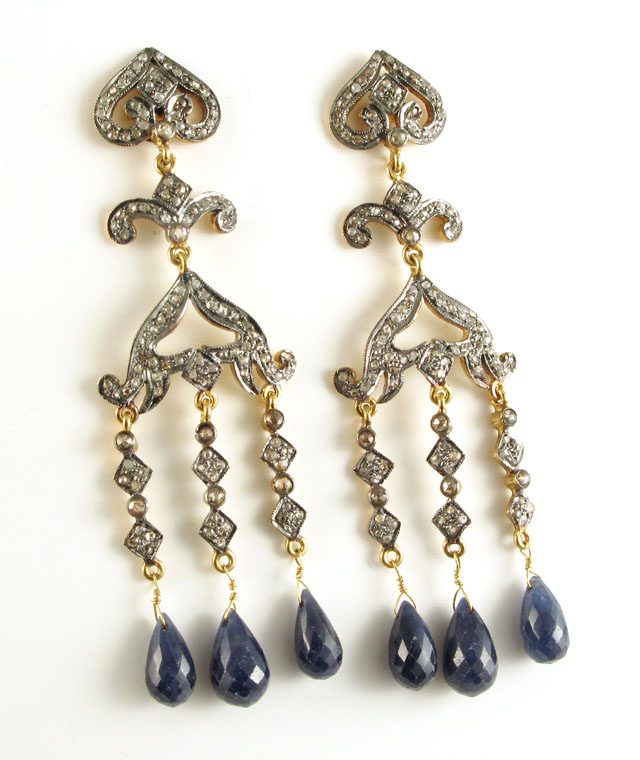 Appraisal: PAIR OF SAPPHIRE AND DIAMOND CHANDELIER EARRINGS K blackened yellow