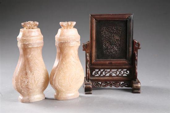 Appraisal: PAIR OF VASES AND TABLE SCREEN Asian late th-early th