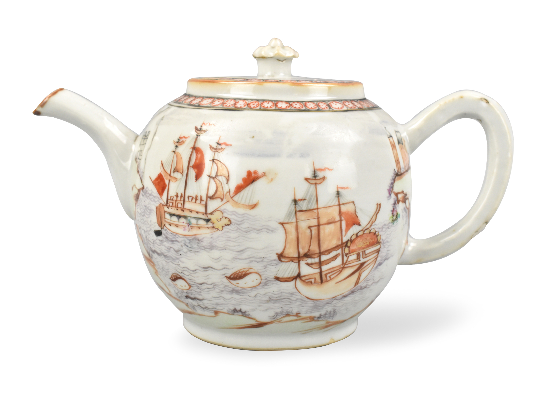 Appraisal: A Chinese gilt iron red teapot with ships sailing dating