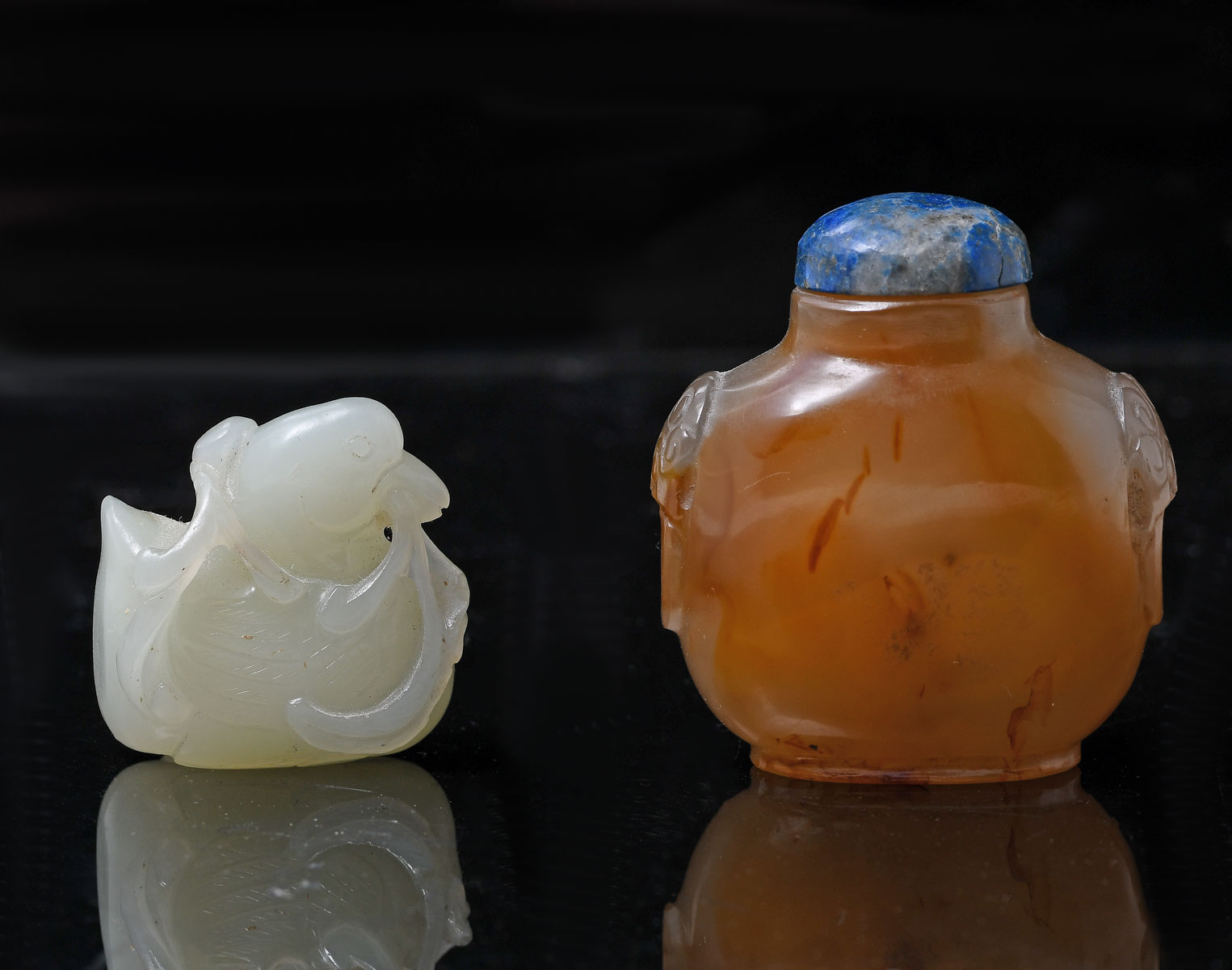 Appraisal: PC CHINESE CARVED JADE SNUFF BOTTLE DUCK Comprising - Nicely