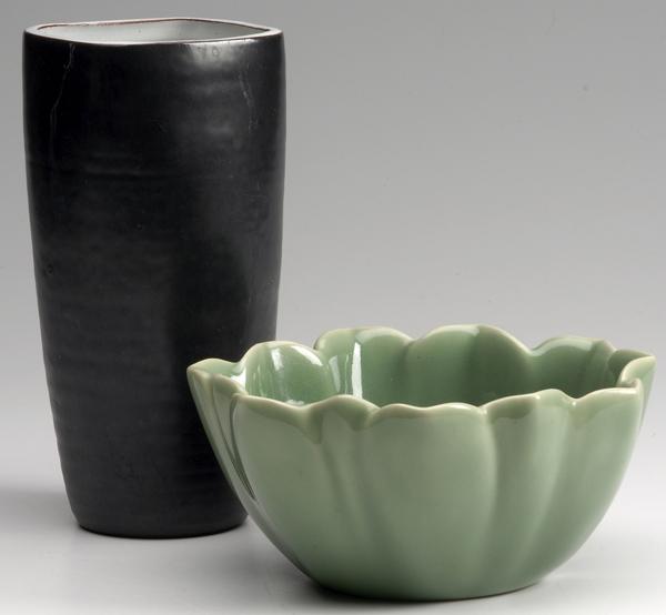 Appraisal: ROOKWOOD Green glazed bowl together with a matte black cylindrical