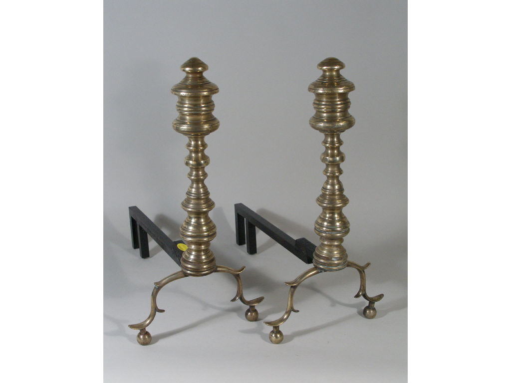 Appraisal: Pair of American Classical Brass Andirons c s turned column