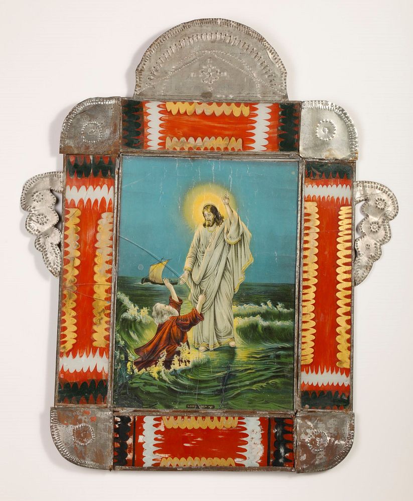 Appraisal: Large Tin Frame with Devotional Print ca Attributed to Isleta